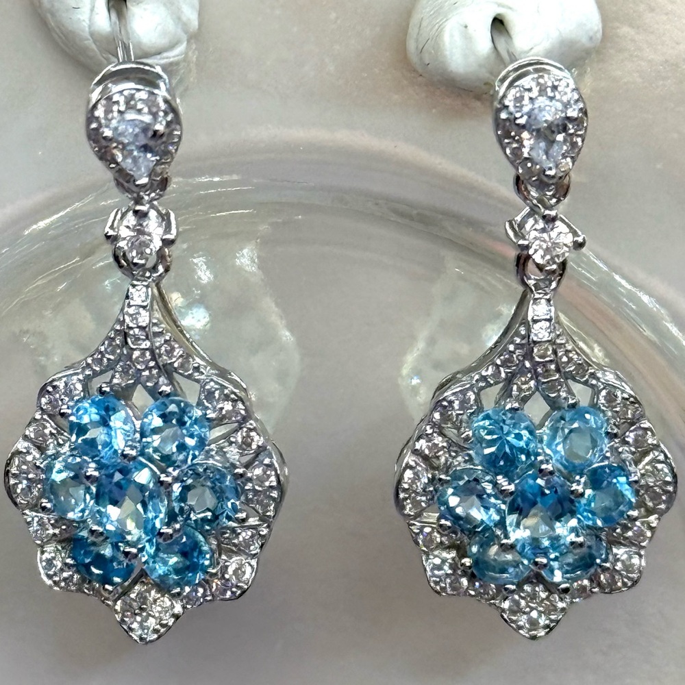 ET2 1.5CT Natural SWISS Blue Topaz Dangling FLOWER Earrings Rhodium Silver S925